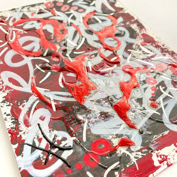 Red with Graffiti - Original Wall Art Handmade Mixed Media Painting 8"x10" - Picture 4 of 6